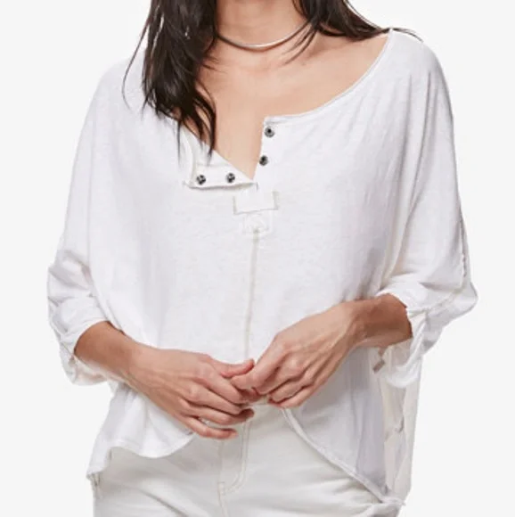 Free People First Base Henley Tee LS High Low Hem Slouchy Oversized White Sm NWT - Picture 7 of 7
